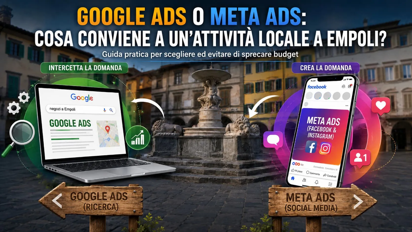 Google Ads o Meta Ads per un'attività locale a Empoli: un laptop mostra una ricerca su Google, uno smartphone un post Facebook e Instagram